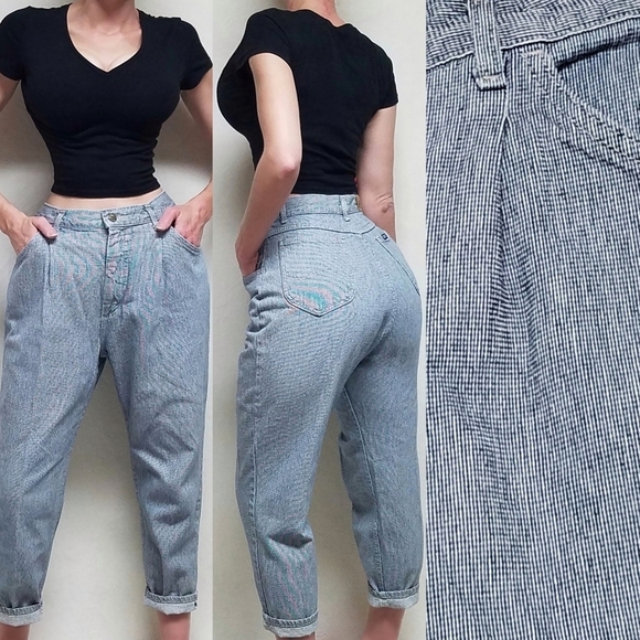 Vintage 70s Lee Navy Blue Gingham Plaid Extra High Rise Pleated Barrel Leg Jeans